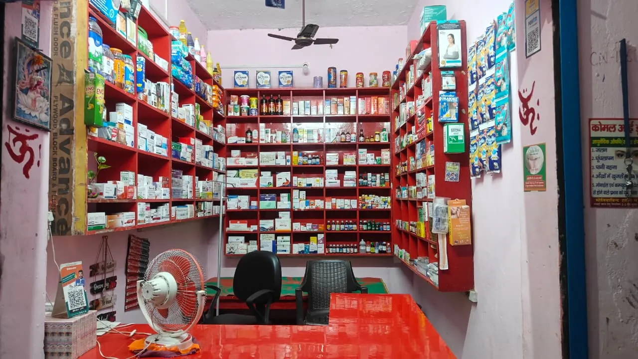 The shelves inside Sneha Pharmacy, seen from the door, with the counter in front