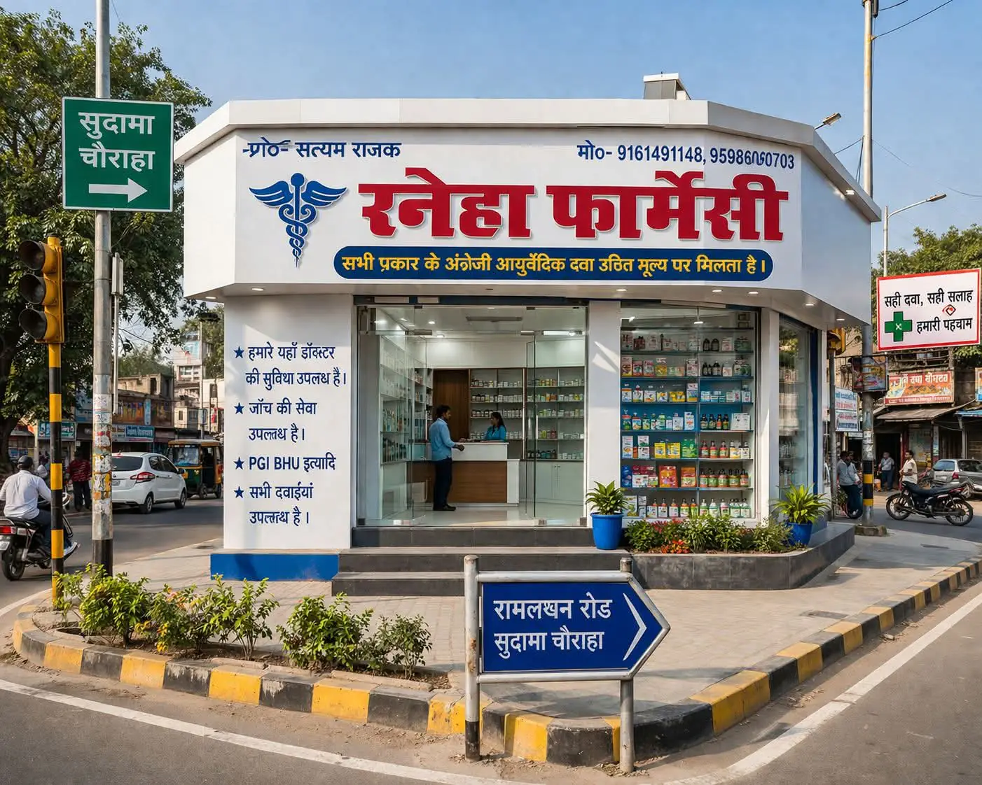 Sneha Pharmacy's shopfront at Sudama Chauraha, with the Ramlaxan Road signpost in front